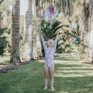 Long Sleeve Swimsuit - Lilac Palms-Kids Swimwear-Crywolf Child-1-Little Soldiers