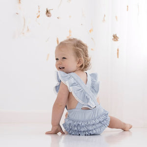 Ruffle Playsuit - Chambray-baby onesie-Aster & Oak-000-Little Soldiers