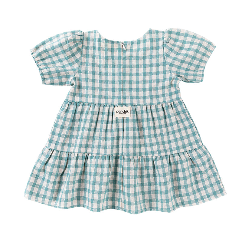Cotton Puff Sleeve Dress - Peacock Gingham-Kids Tops-Ponchik Kids-0-3m-Little Soldiers