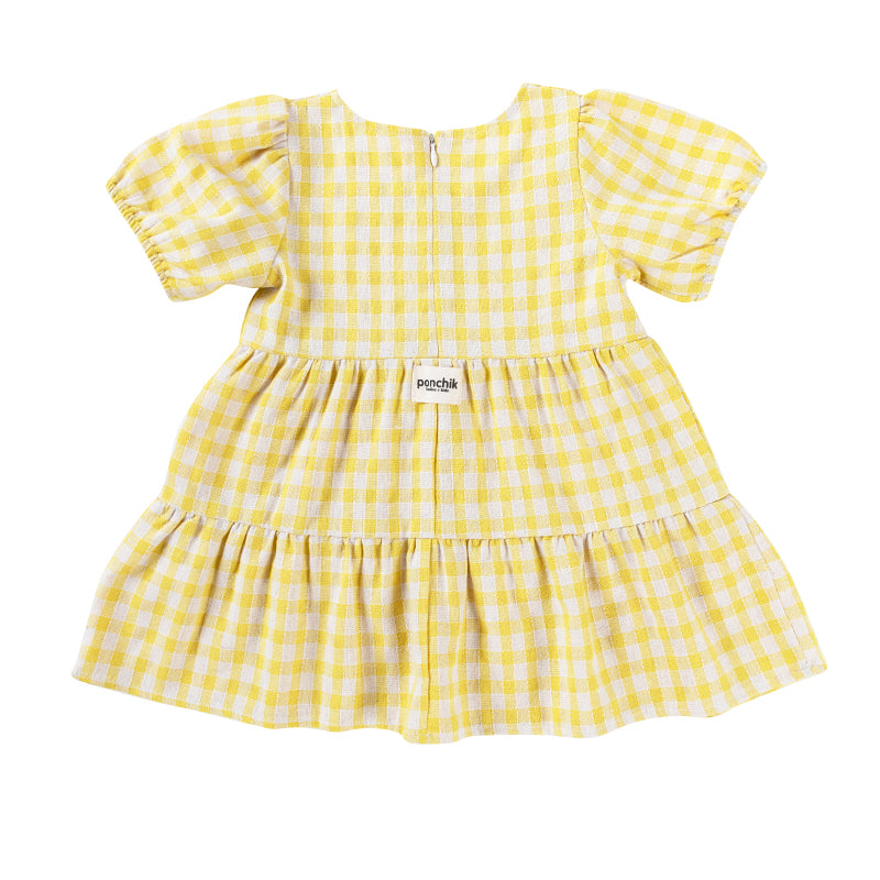 Cotton Puff Sleeve Dress - Sunshine Gingham-Kids Tops-Ponchik Kids-0-3m-Little Soldiers