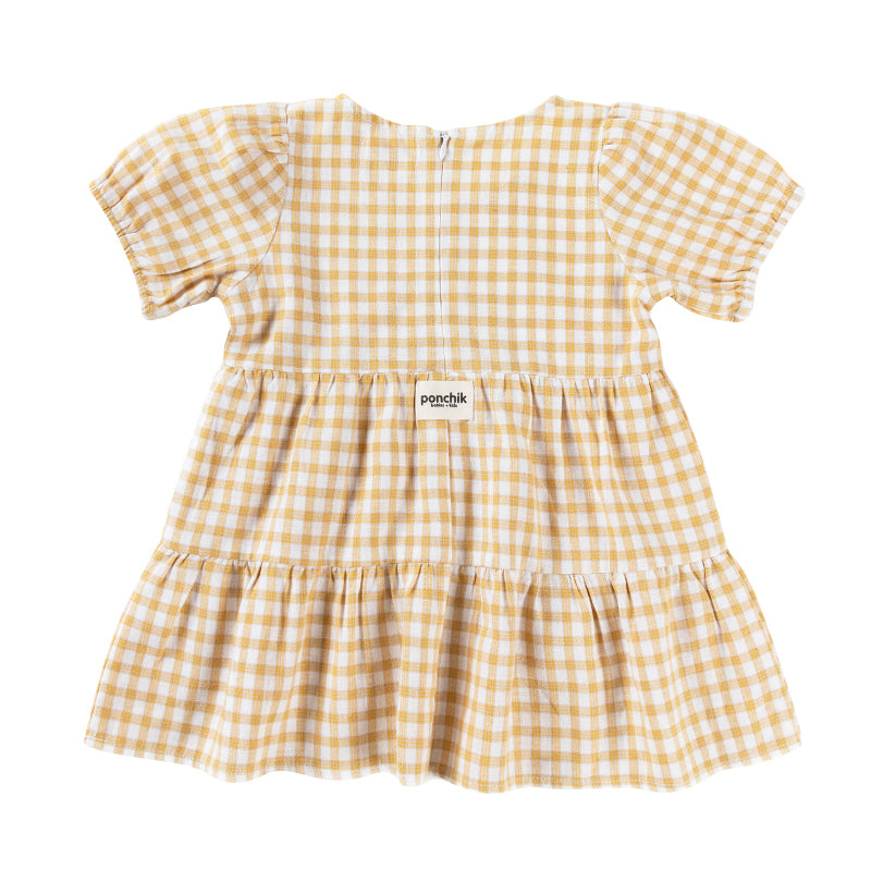Cotton Puff Sleeve Dress - Wheat Gingham-Kids Tops-Ponchik Kids-0-3m-Little Soldiers