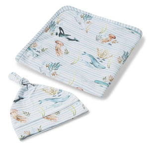 Whale Baby Jersey Wrap & Beanie Set-Swaddles & Wraps-Snuggle Hunny Kids-Little Soldiers