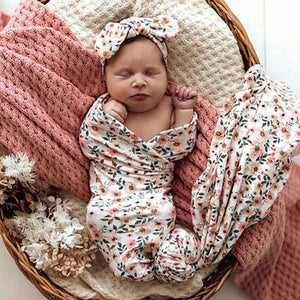Spring Floral Organic Jersey Wrap & Topknot Set-Swaddles & Wraps-Snuggle Hunny Kids-Little Soldiers