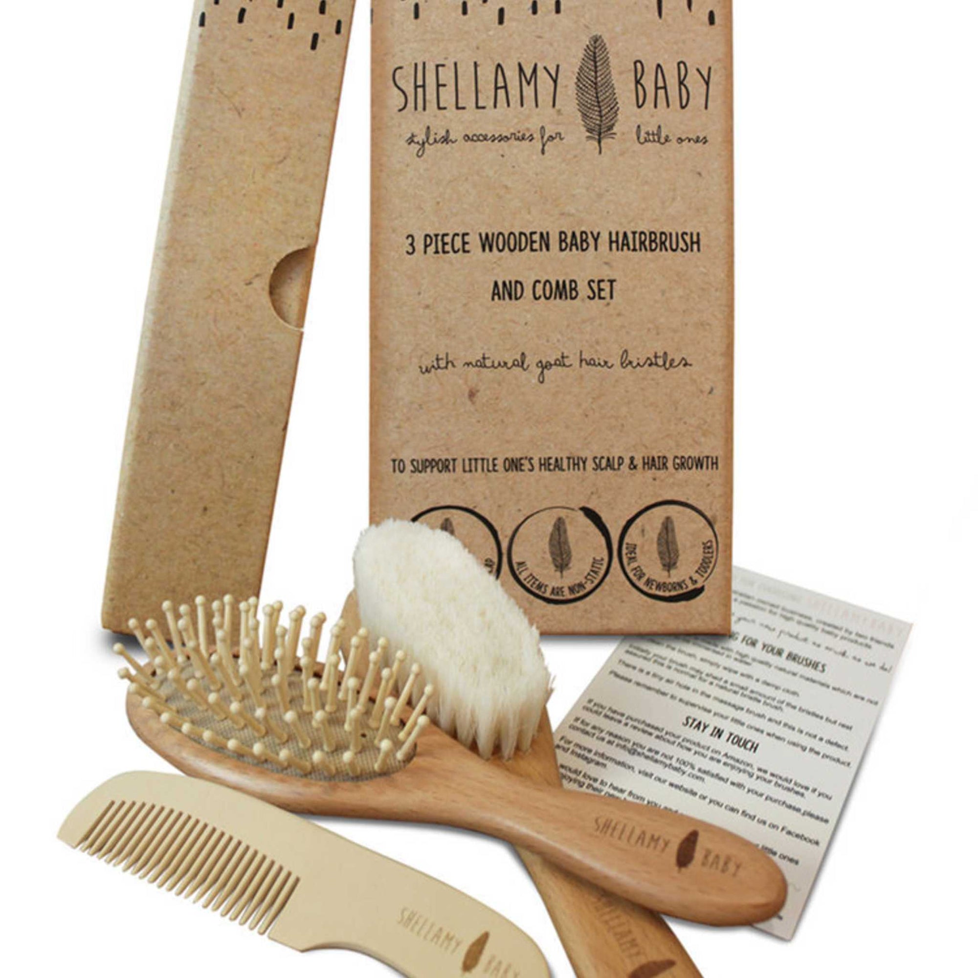 3 Piece Wooden Baby Hairbrush and Comb Set